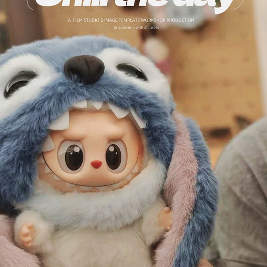 Stuffed animal toy with blue hood held by a person, with 'Chill the day' text above.