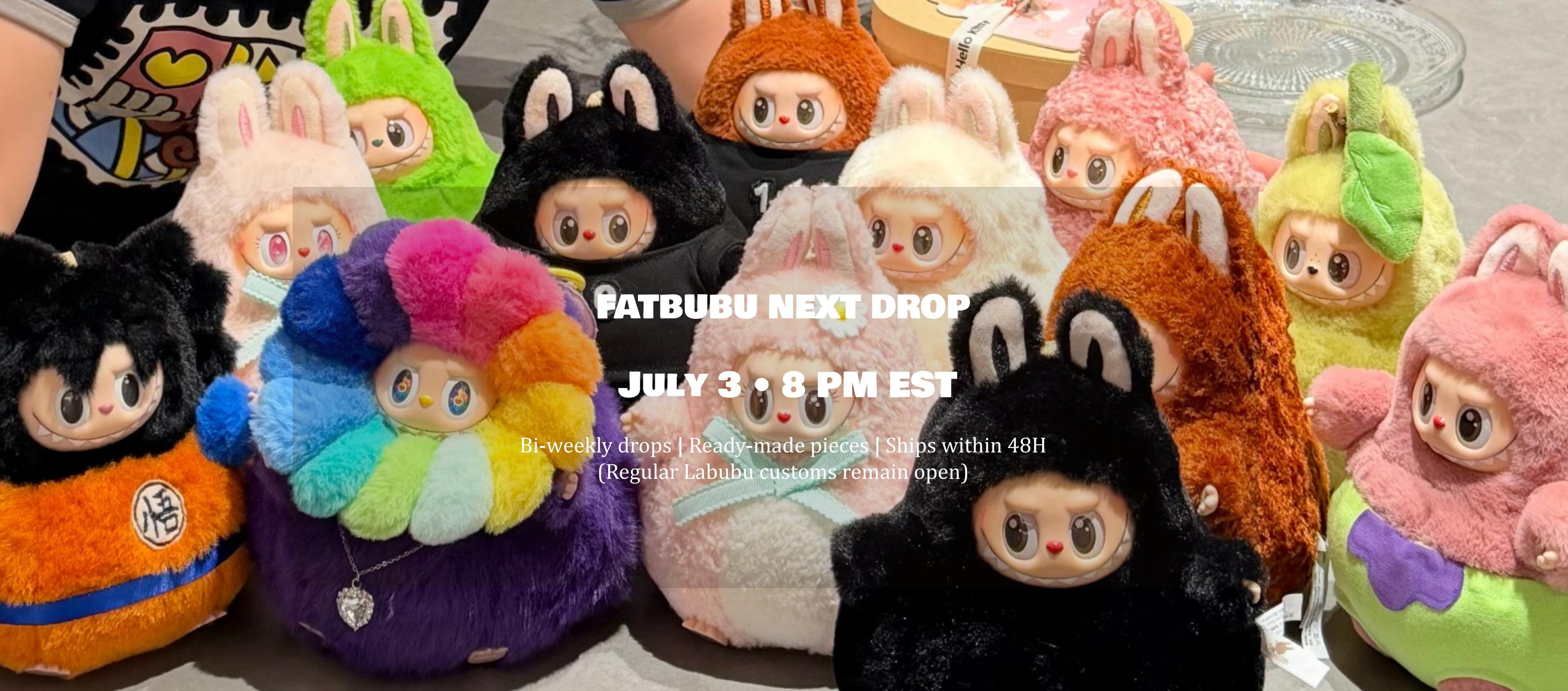 Colorful plush toys with a promotional text overlay for an upcoming product drop.